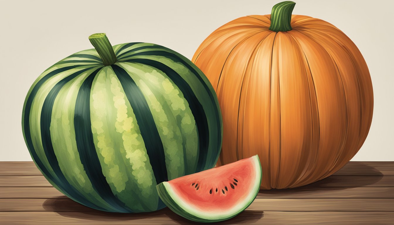 A watermelon and a pumpkin sit side by side on a wooden table. The watermelon is round and green with dark stripes, while the pumpkin is orange and slightly lumpy