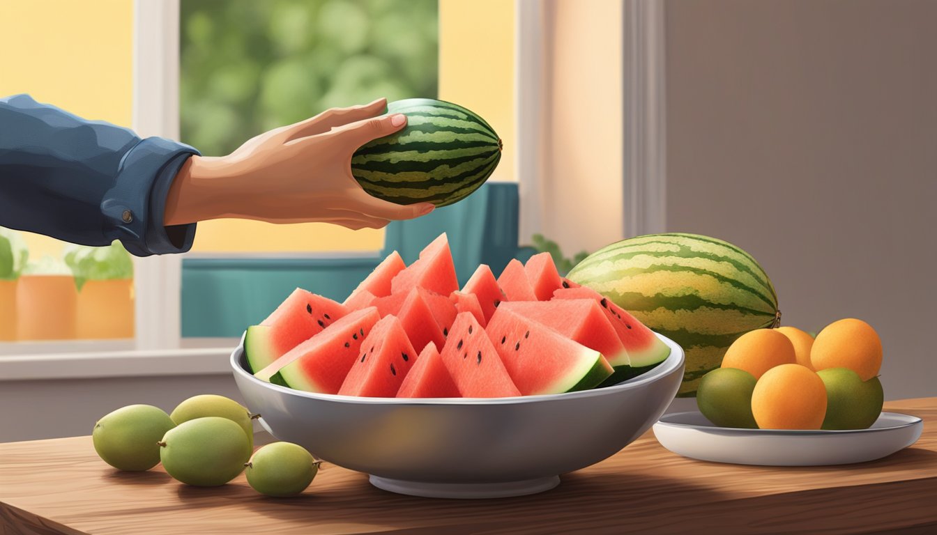 A hand reaching for a watermelon and cantaloupe on a wooden table, with a bowl of mixed fruit in the background