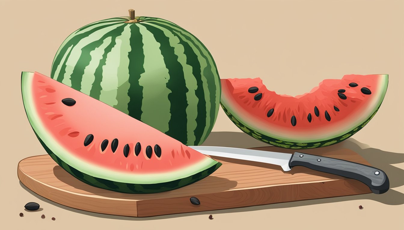 A watermelon and a cantaloupe sit side by side on a wooden cutting board, surrounded by scattered seeds and a knife. The vibrant red and green colors of the fruits contrast against the neutral backdrop