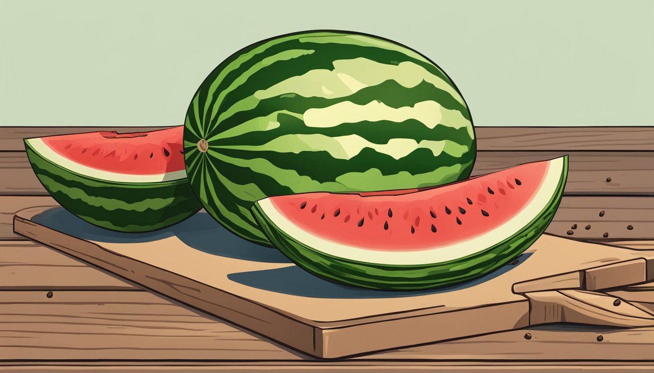 A ripe watermelon sits on a wooden table surrounded by scattered seeds and a knife, ready to be sliced. The juicy red flesh contrasts with the green rind