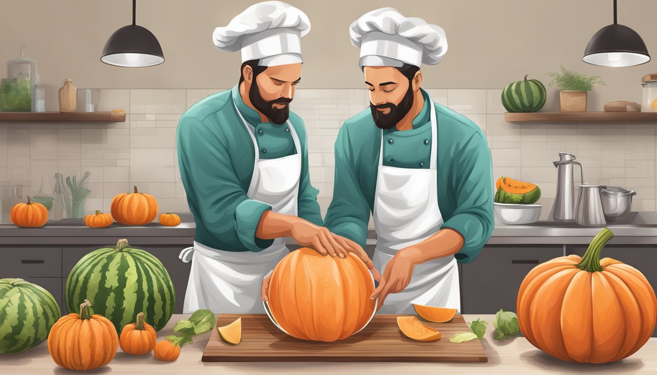 A chef slicing watermelon and carving a pumpkin