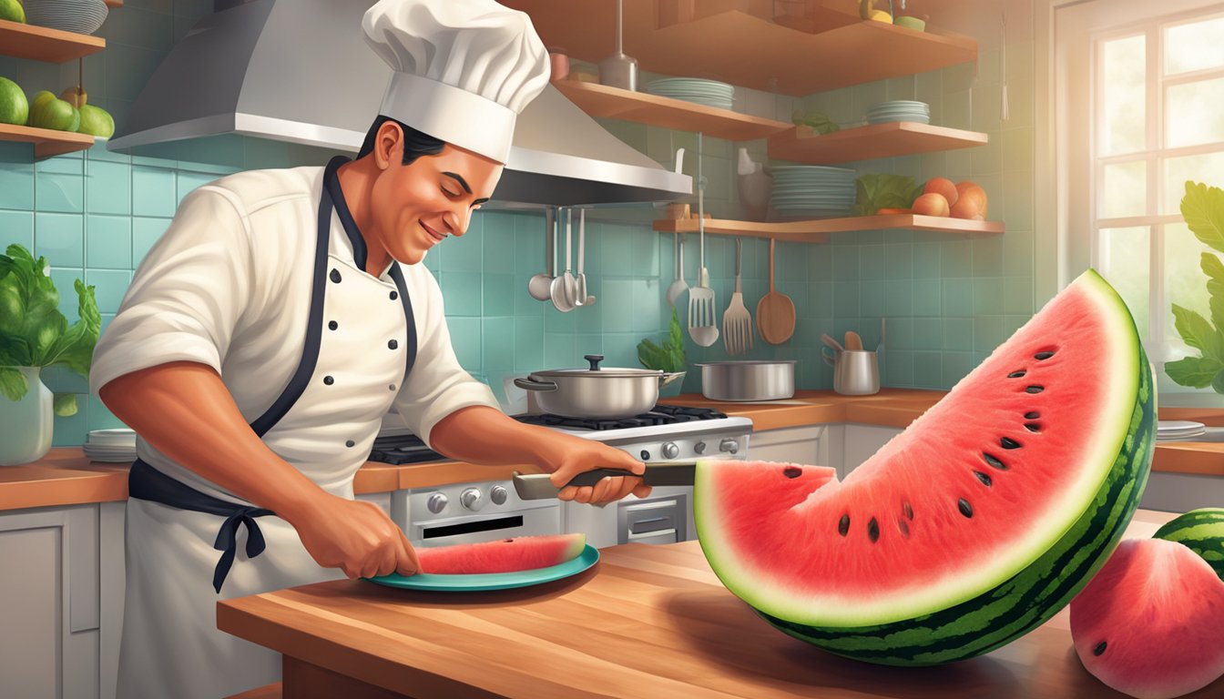 A chef slicing and serving watermelon fruit in a vibrant kitchen setting