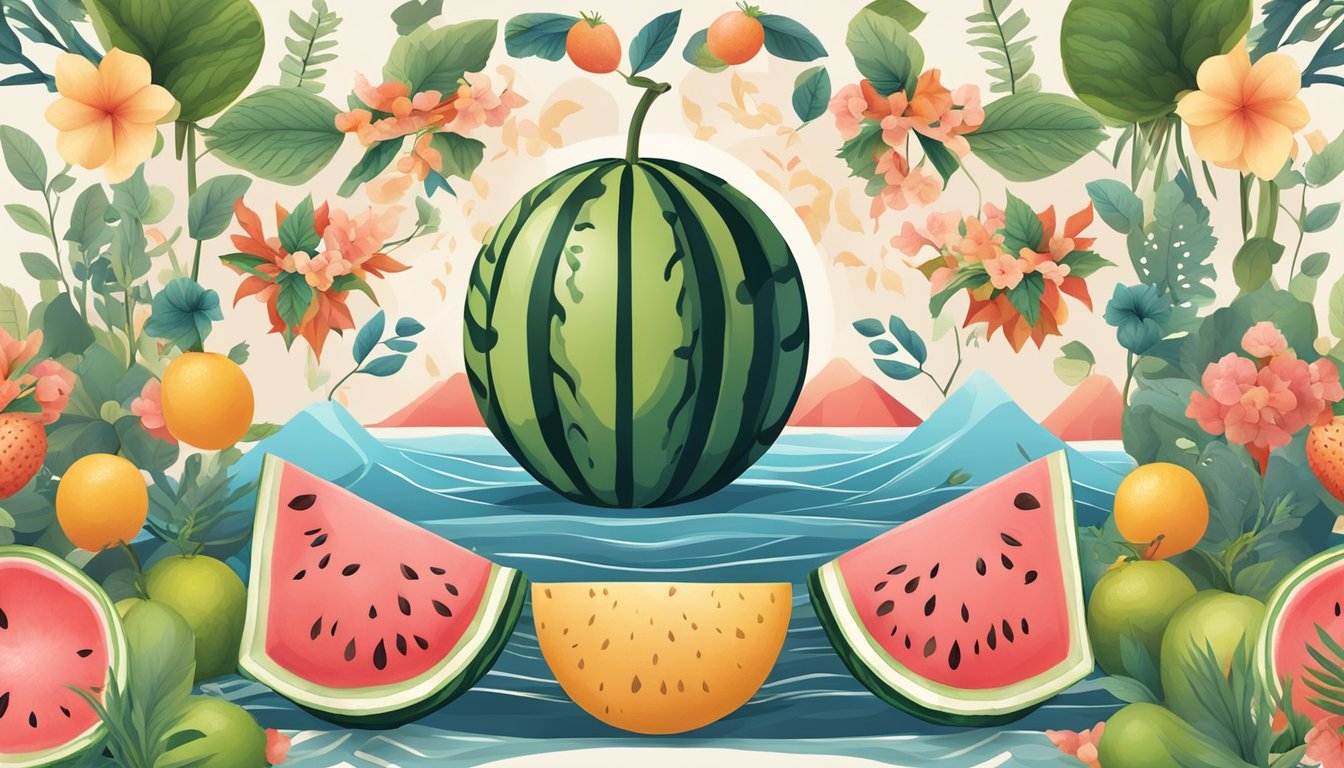 A watermelon-like fruit surrounded by traditional cultural symbols and seasonal elements