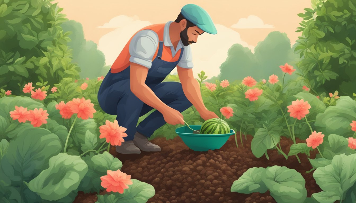 A gardener carefully plants watermelon seeds in rich soil, surrounded by lush greenery and blooming flowers