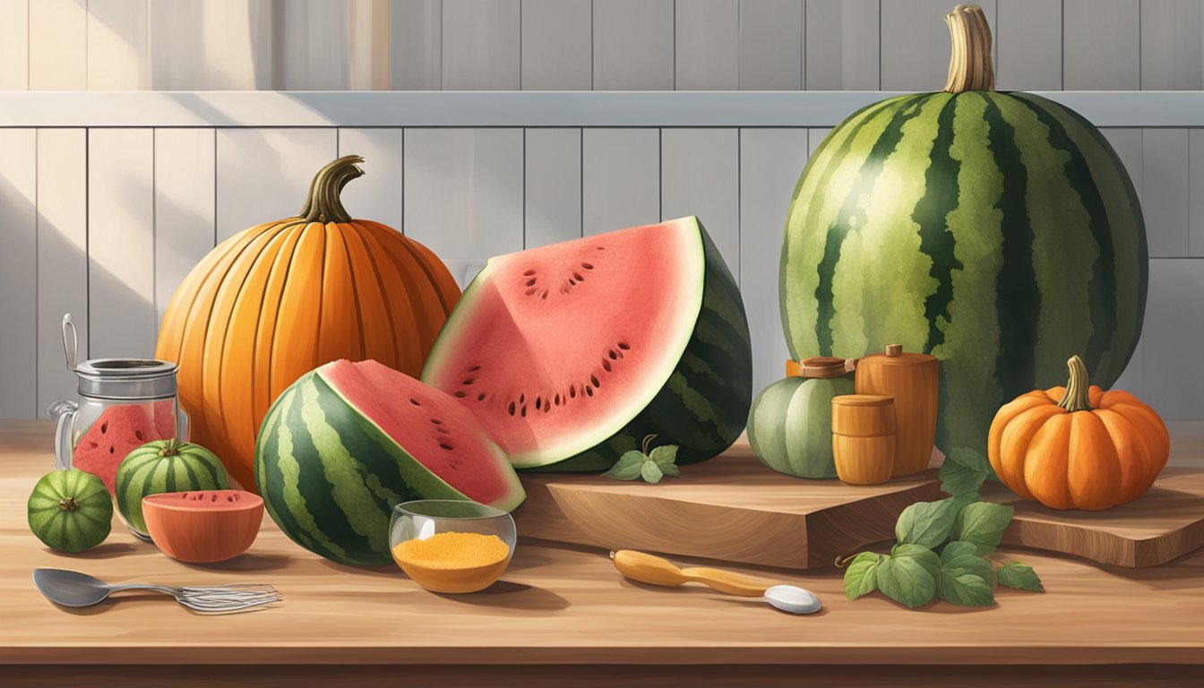 A watermelon and a pumpkin sit side by side on a wooden kitchen counter, surrounded by various cooking utensils and ingredients