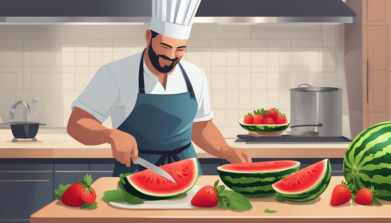 A chef slicing a ripe watermelon and arranging it on a platter with fresh strawberries