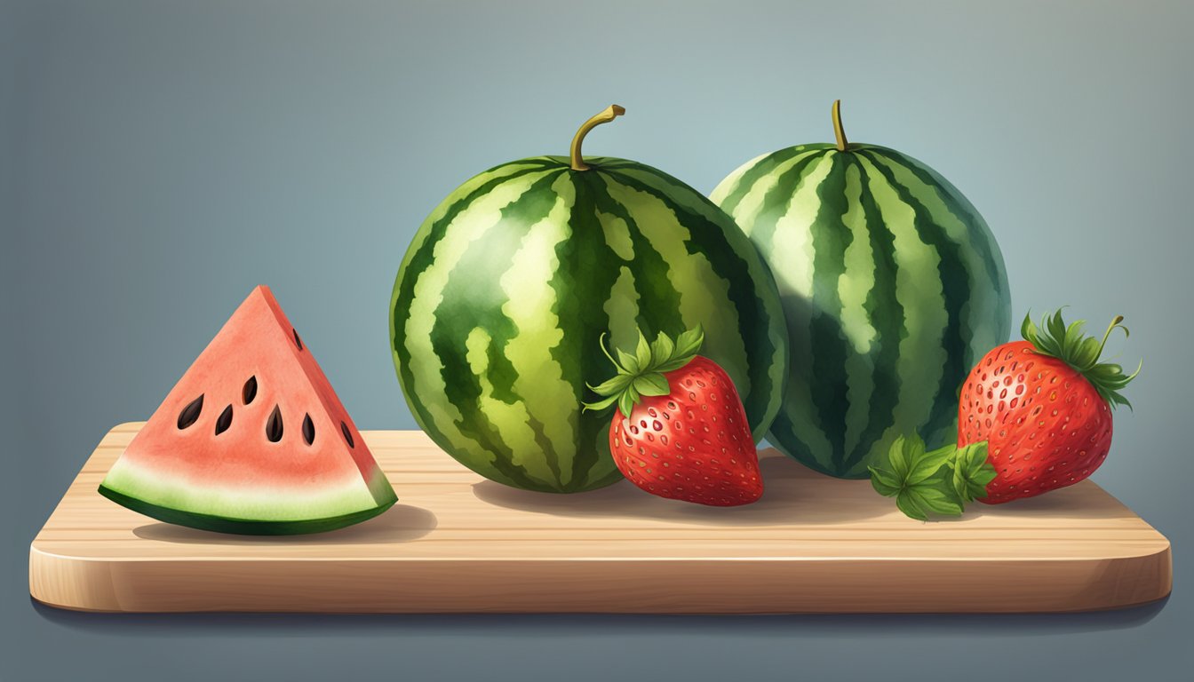 A watermelon and a strawberry sitting on a wooden cutting board