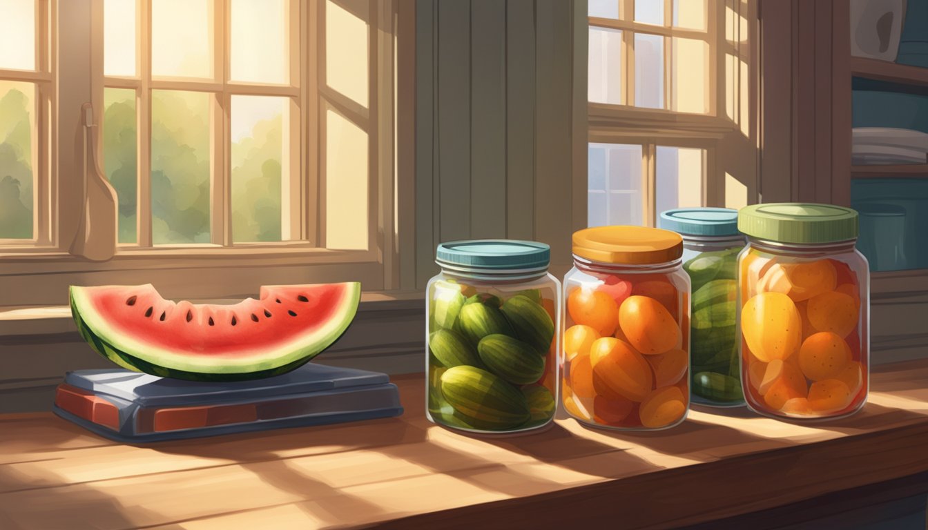 A watermelon and a pumpkin sit side by side on a wooden shelf, surrounded by jars of pickles and jam. The sunlight streams through a nearby window, casting a warm glow on the colorful fruits