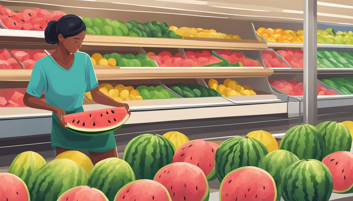 A hand selecting a ripe watermelon from a display at a grocery store