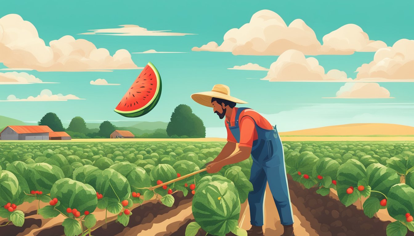 A farmer harvesting ripe watermelons and strawberries in a lush, sun-drenched field, surrounded by healthy crops and clear blue skies