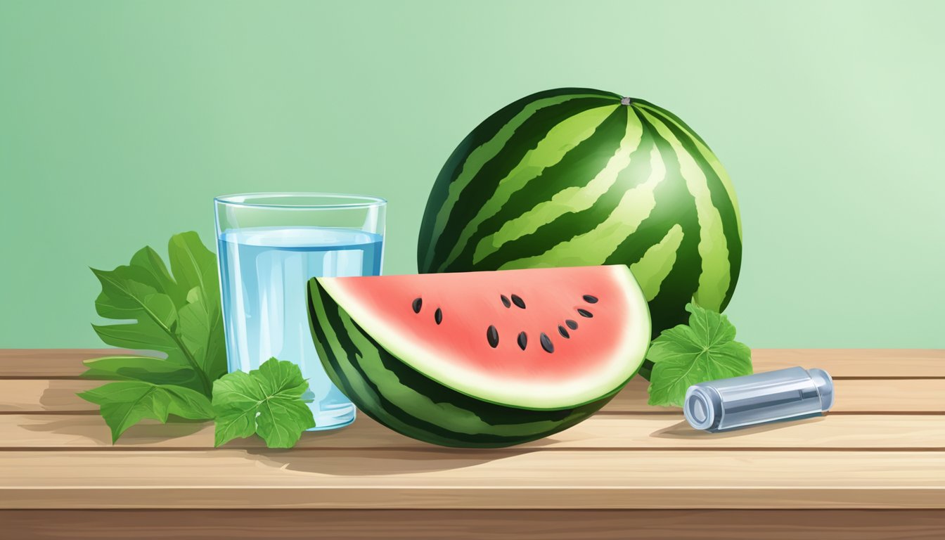 A watermelon and a glass of water on a wooden table, surrounded by green leaves and a measuring tape