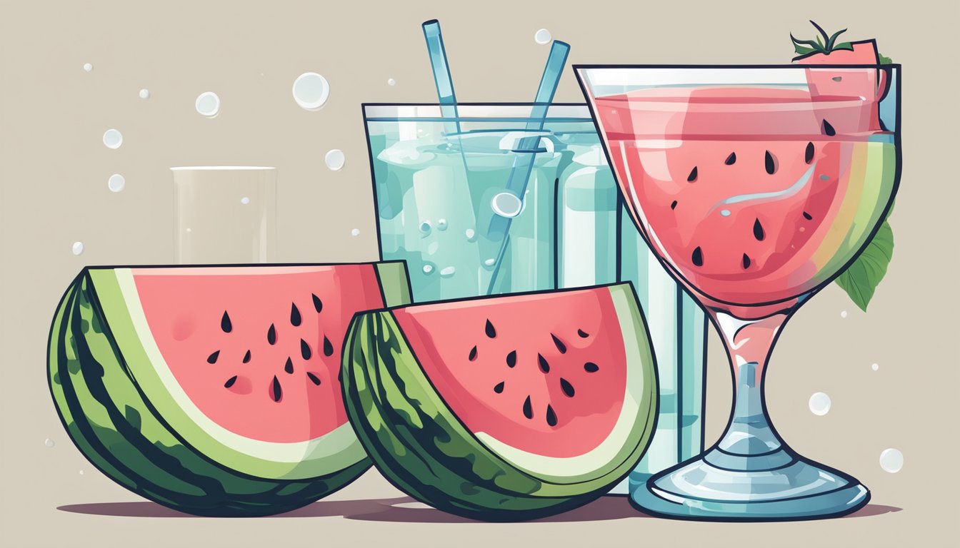 A watermelon and a glass of water sit side by side, each surrounded by their respective body system icons. The watermelon is vibrant and juicy, while the water is clear and refreshing