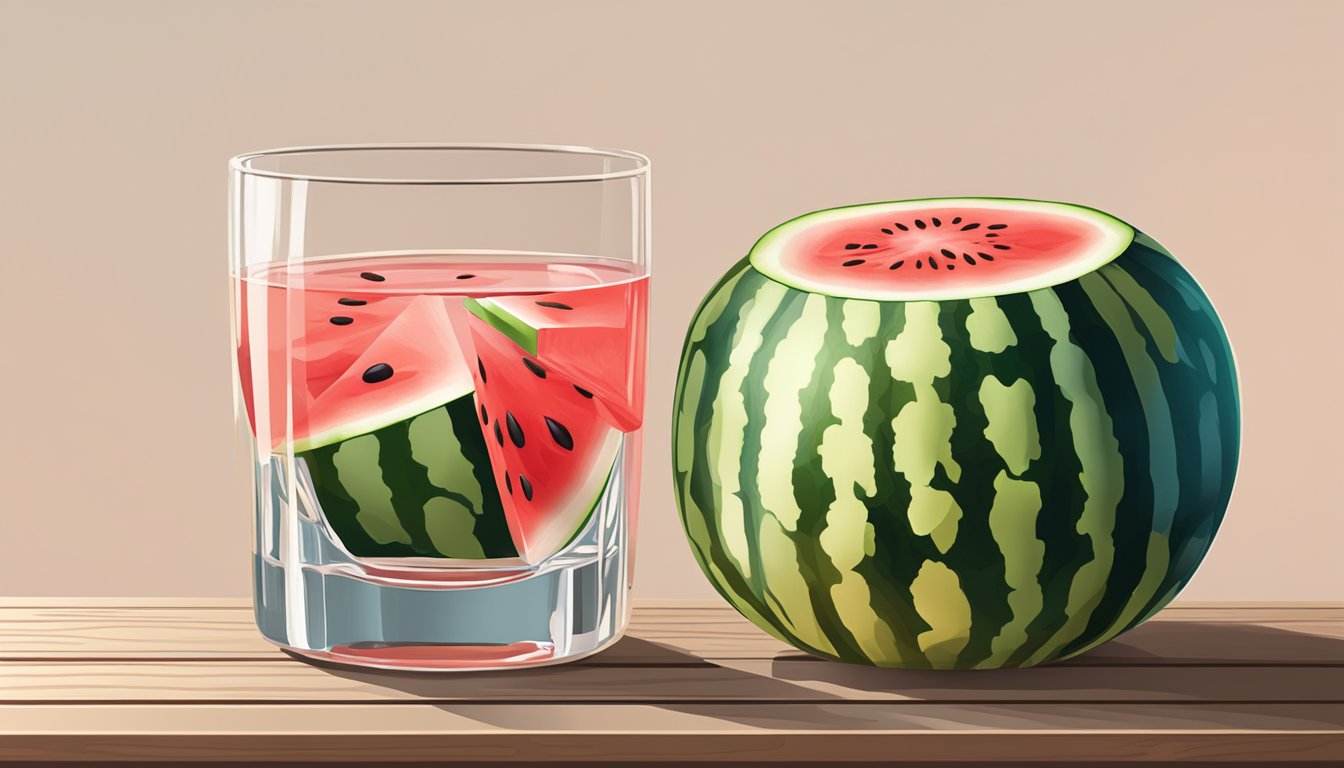 A watermelon and a glass of water placed side by side on a wooden table under natural light