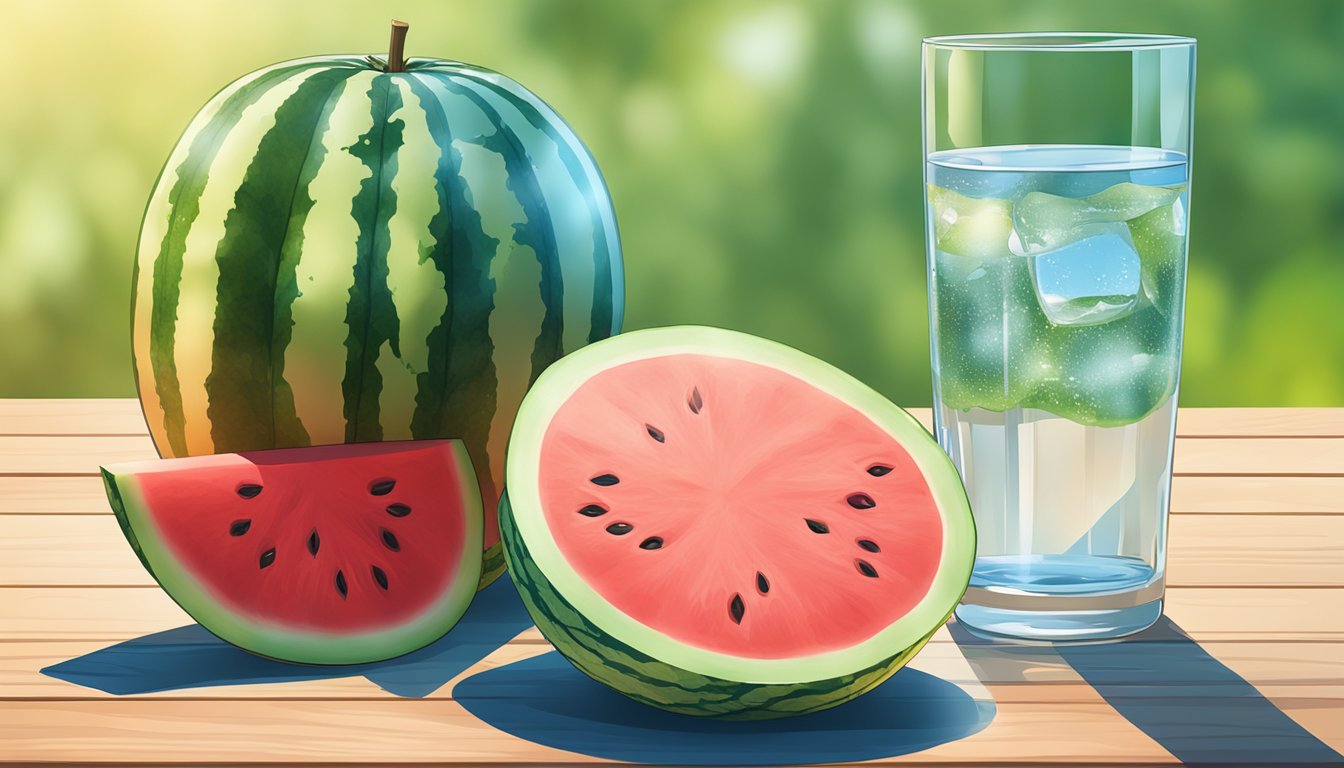 A watermelon and a glass of water sit side by side on a wooden table, with a bright, sunny backdrop