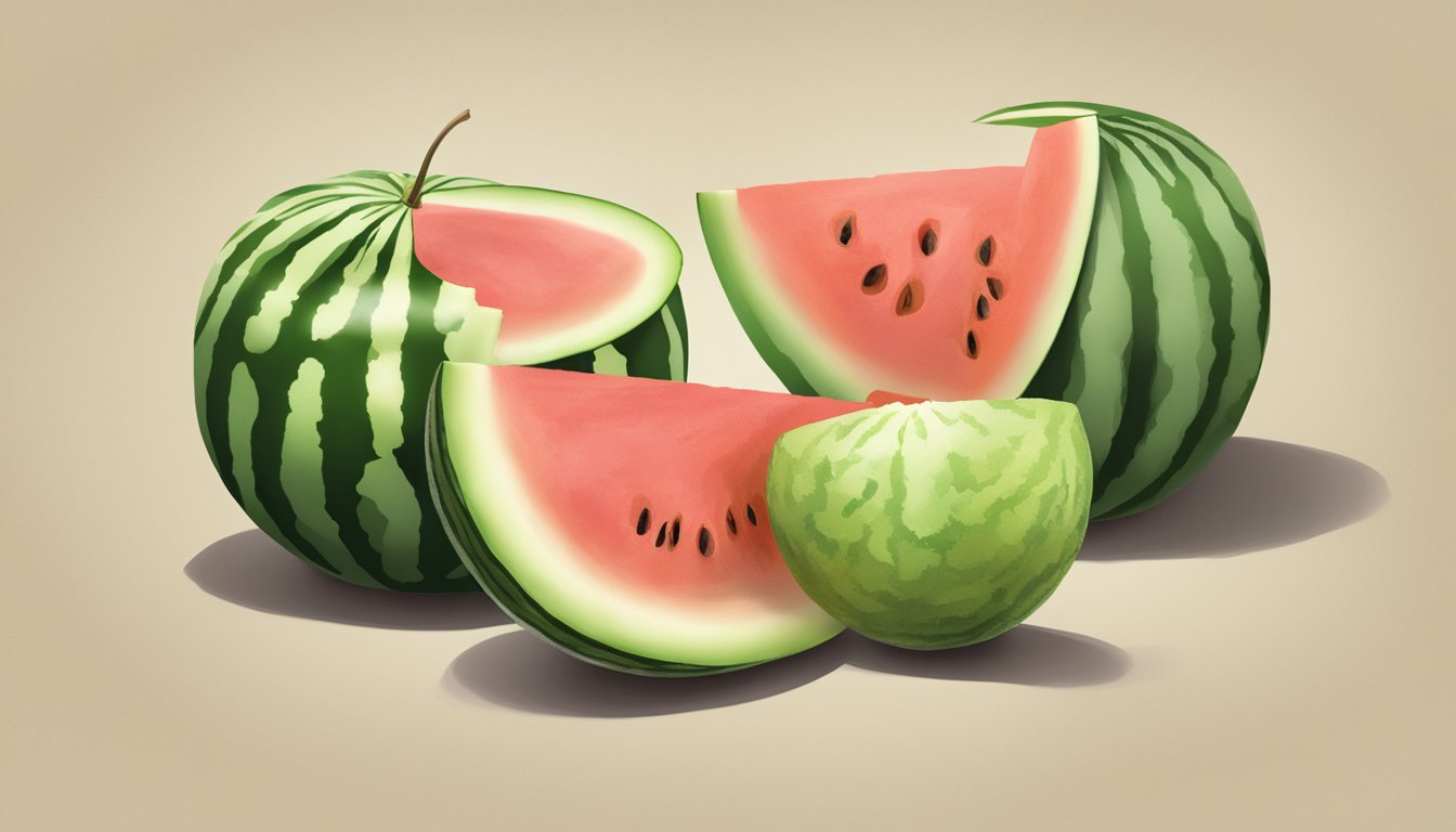 A watermelon and a honeydew sit side by side, their vibrant green and deep orange rinds contrasting against each other. The watermelon is large and round, while the honeydew is smaller and oval-shaped