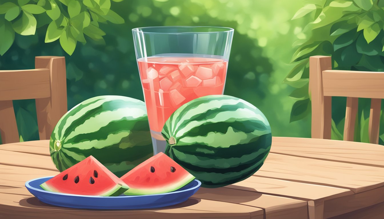 A watermelon and a glass of water sitting on a wooden table in a summer garden