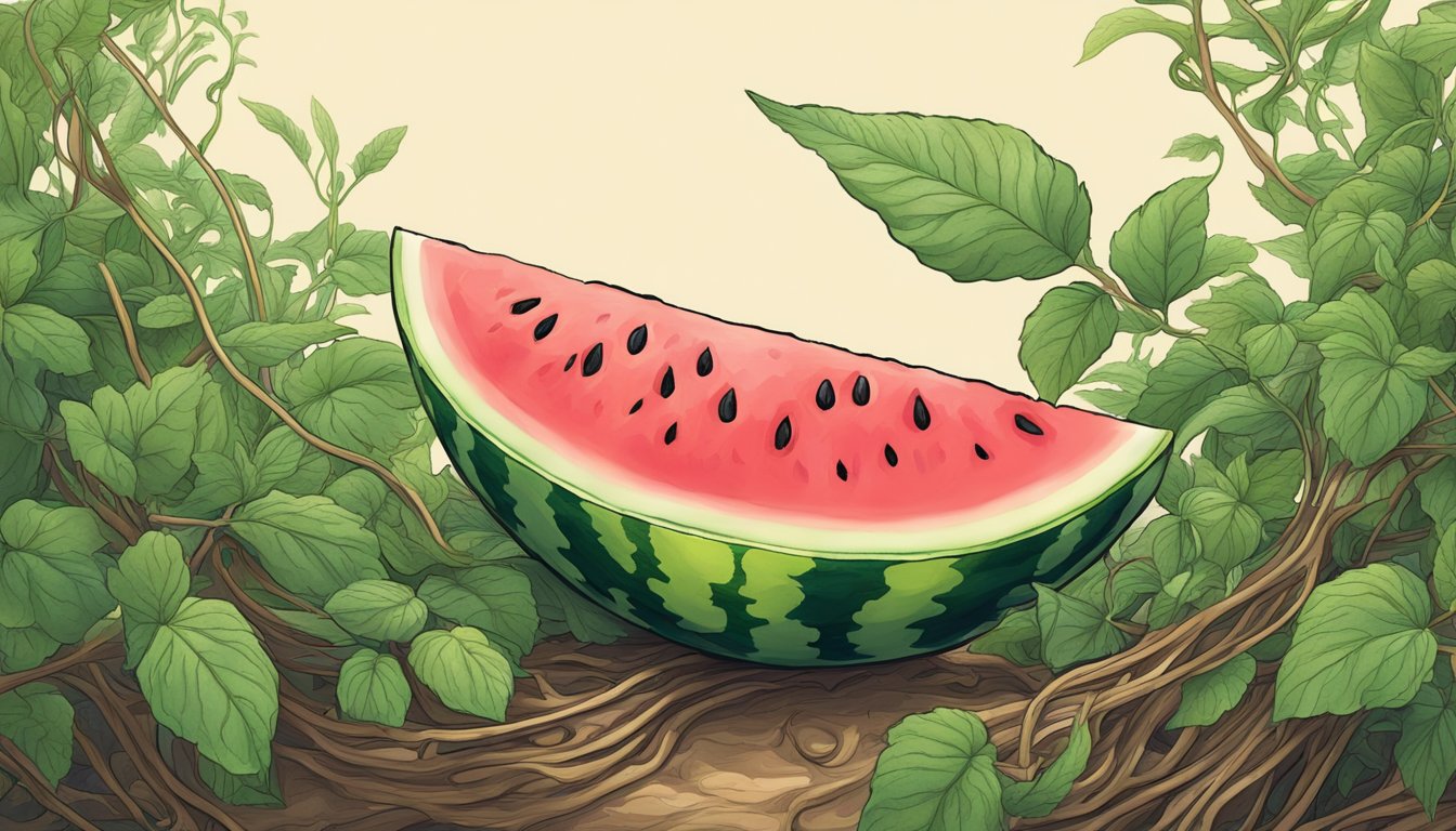 A watermelon slice with weed-like vines growing out of it