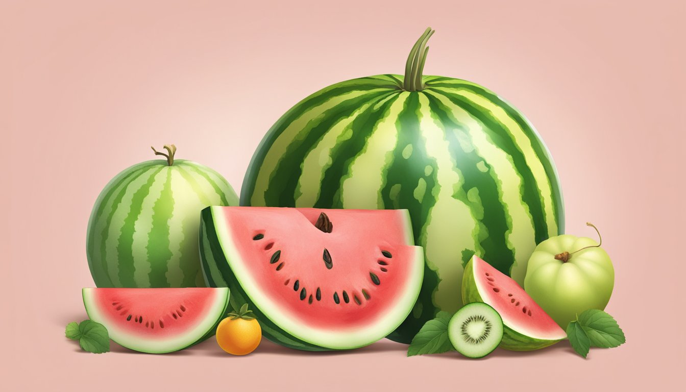 A watermelon and honeydew sit side by side, each cut open to reveal their juicy, colorful flesh. Surrounding them are various fruits and vegetables, emphasizing their nutritional value