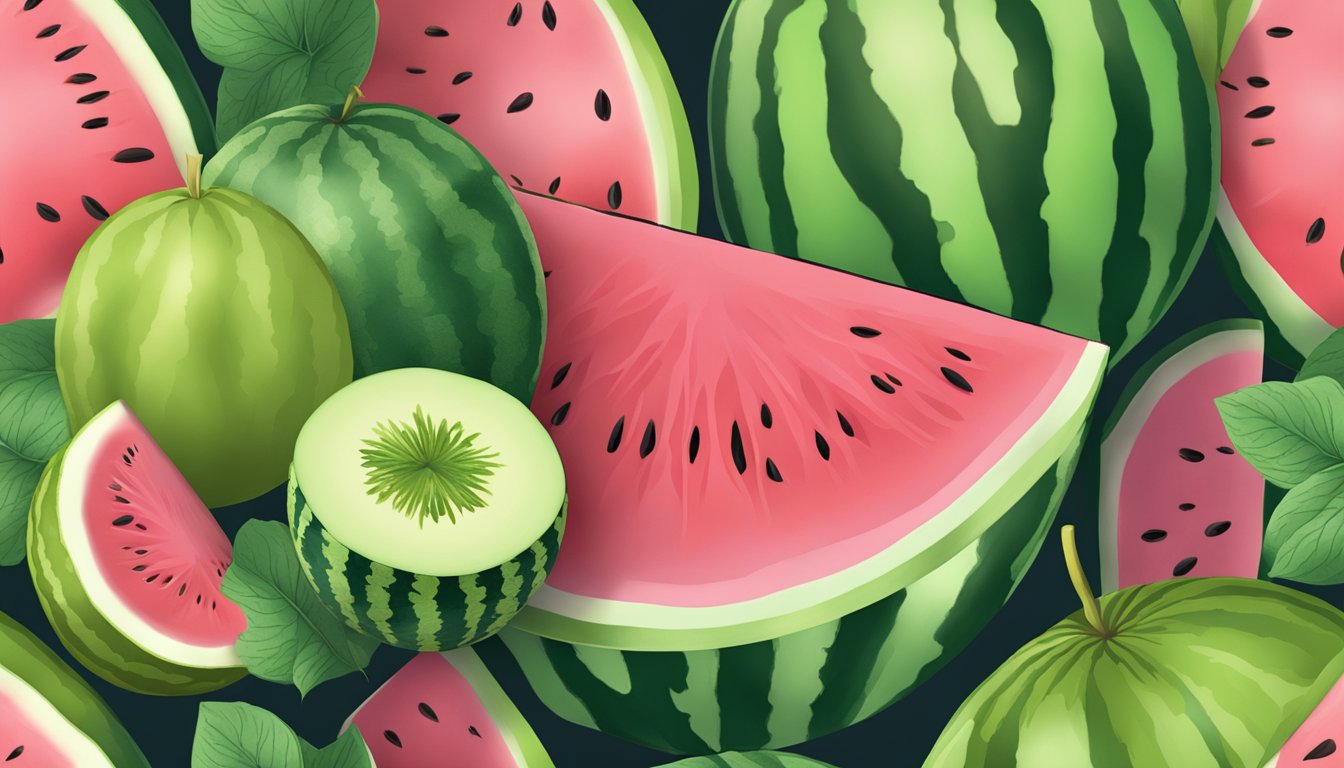 A watermelon and a honeydew sit side by side, showcasing their vibrant colors and unique textures. The watermelon is large and round with a dark green rind and bright pink flesh, while the honeydew is smaller and oval with a smooth, pale green skin. Both fruits emit a sweet, refreshing aroma