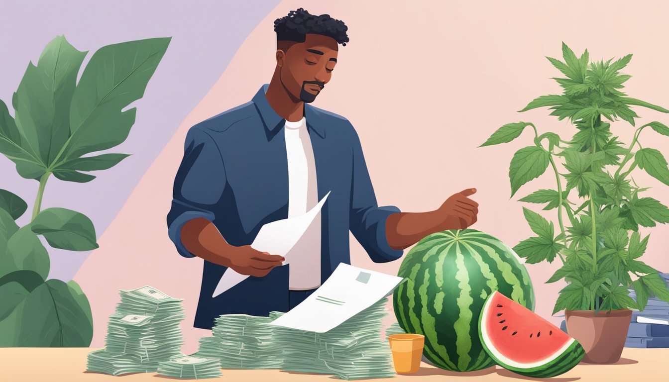 A person holding a watermelon and a marijuana plant, surrounded by legal documents and cash