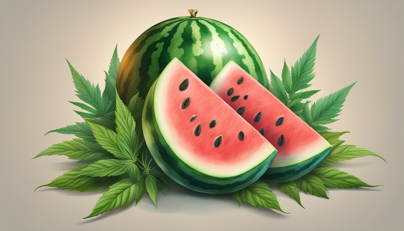 A ripe watermelon surrounded by cannabis leaves and buds, emitting a sweet and fruity aroma