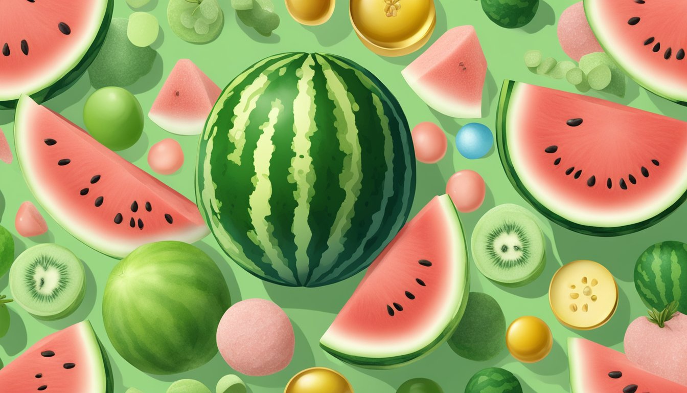 A watermelon and a honeydew sit side by side, surrounded by scattered calcium and other mineral supplements