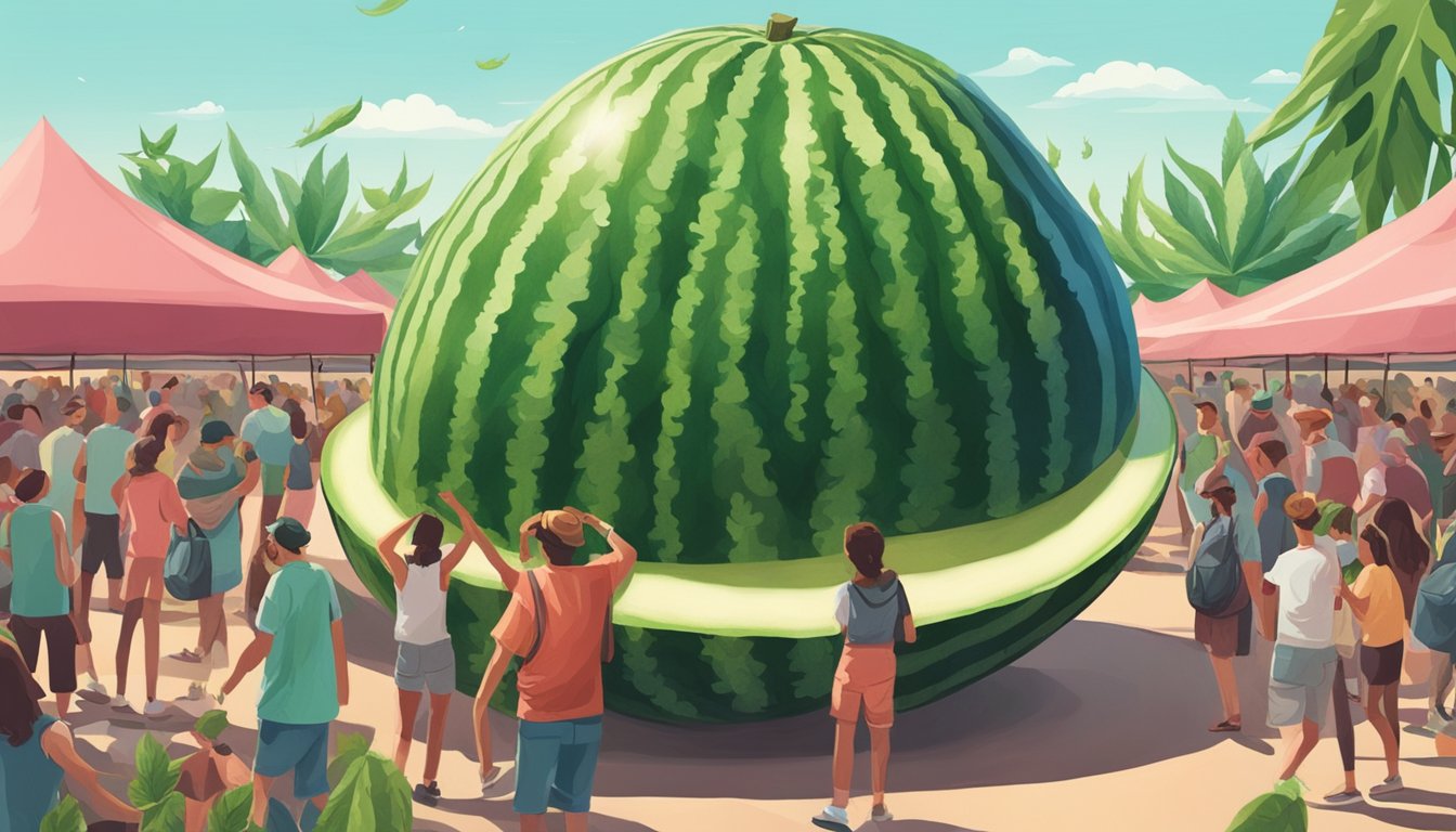 A watermelon with cannabis leaves growing from its vines, surrounded by people enjoying it at a festival