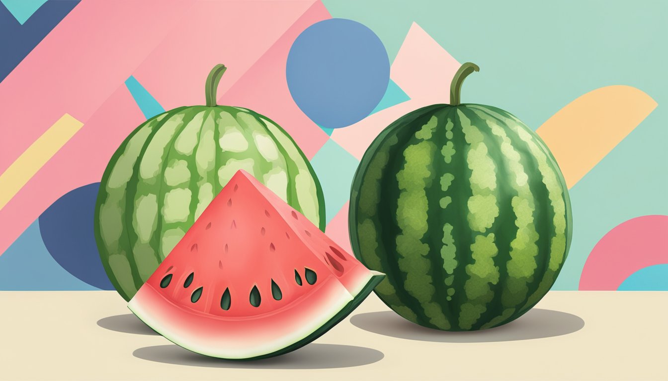 A watermelon and cucumber sit side by side, with their vibrant colors and unique textures on display