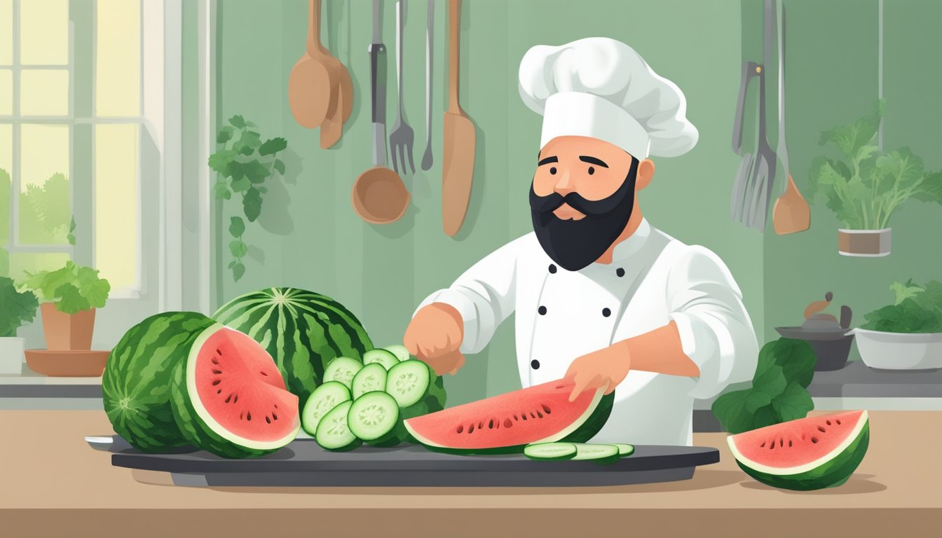 A chef slicing watermelon and cucumber for a refreshing summer salad