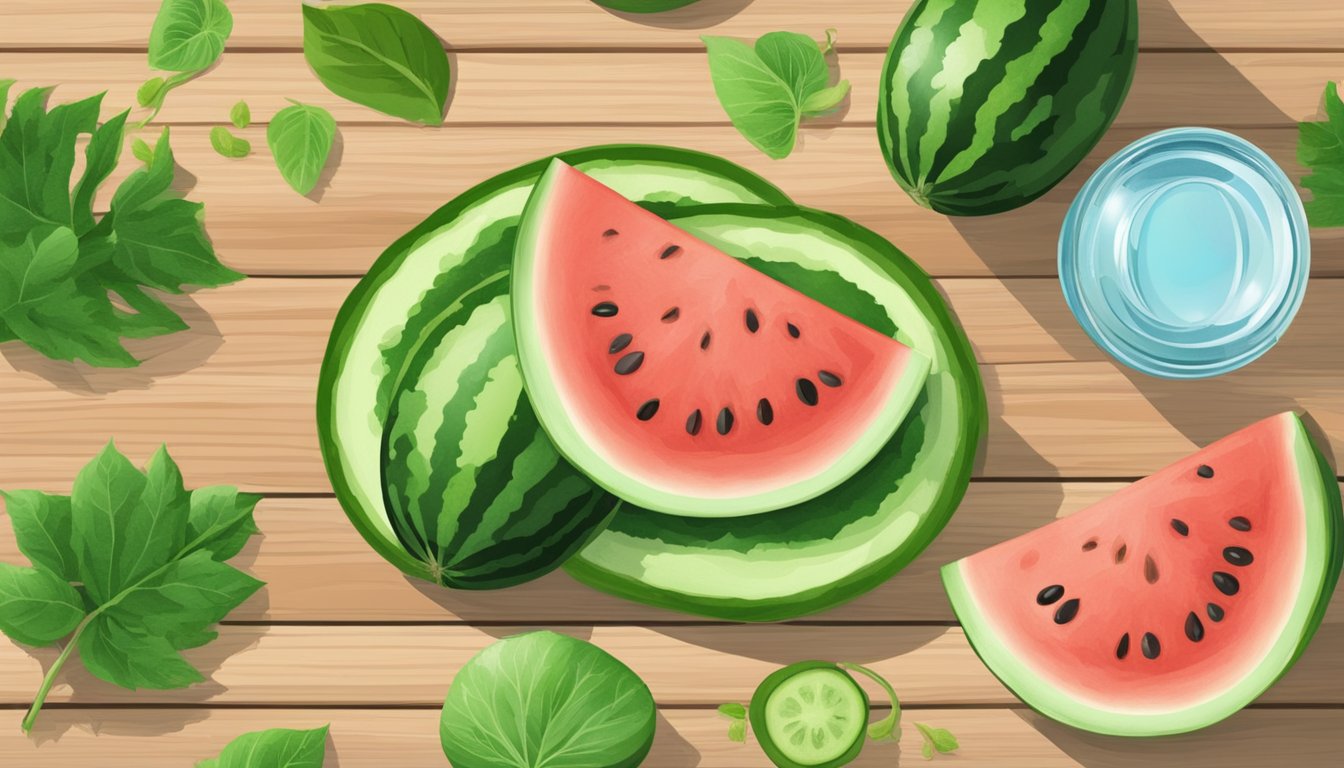 A watermelon and cucumber sit on a wooden cutting board, surrounded by fresh green leaves and a glass of water