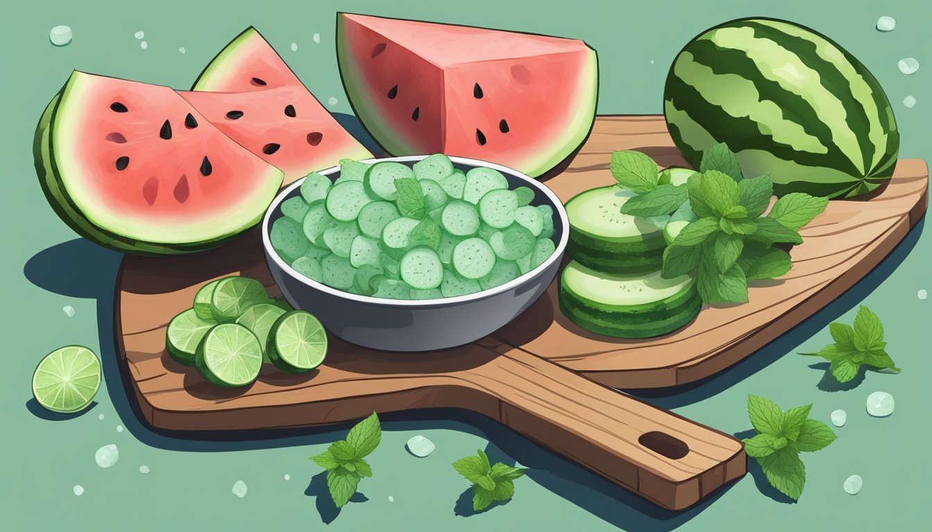 A refreshing spread of watermelon and cucumber slices on a wooden serving platter, accompanied by a sprig of mint and a bowl of sea salt