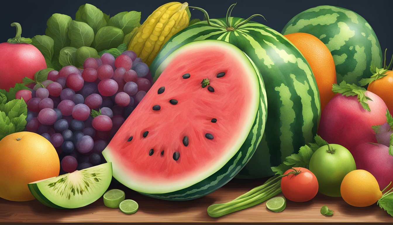 A watermelon sits on a cutting board, surrounded by various fruits and vegetables. The vibrant colors and juicy texture of the watermelon make it an appealing subject for an illustration