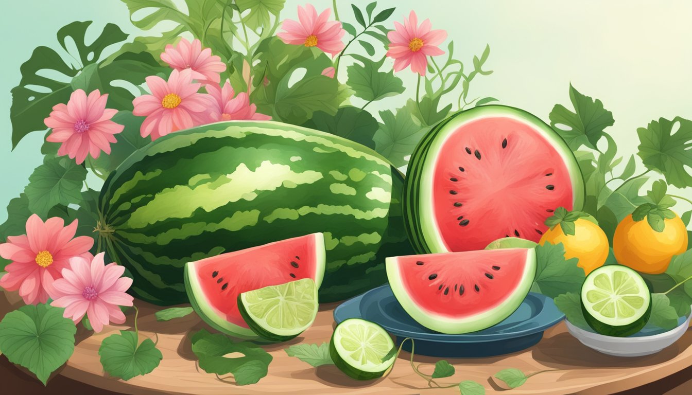 A table with a sliced watermelon and cucumber, surrounded by vine leaves and flowers