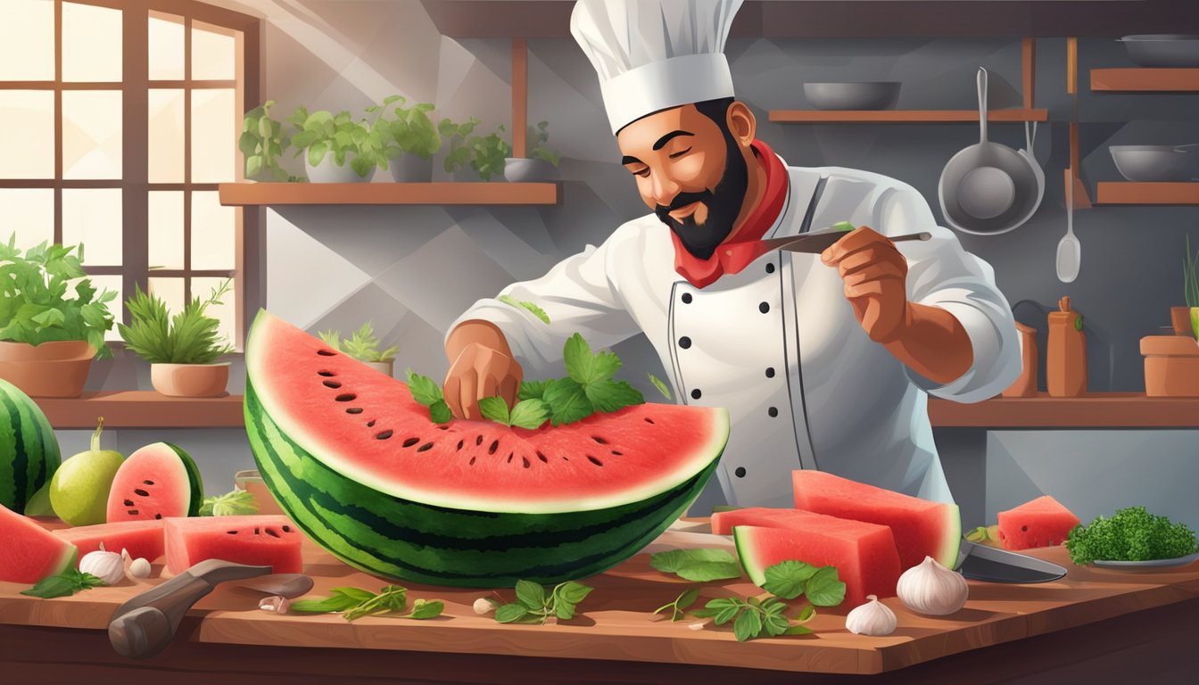 A chef slicing and grilling watermelon to create a savory dish, surrounded by various herbs and spices