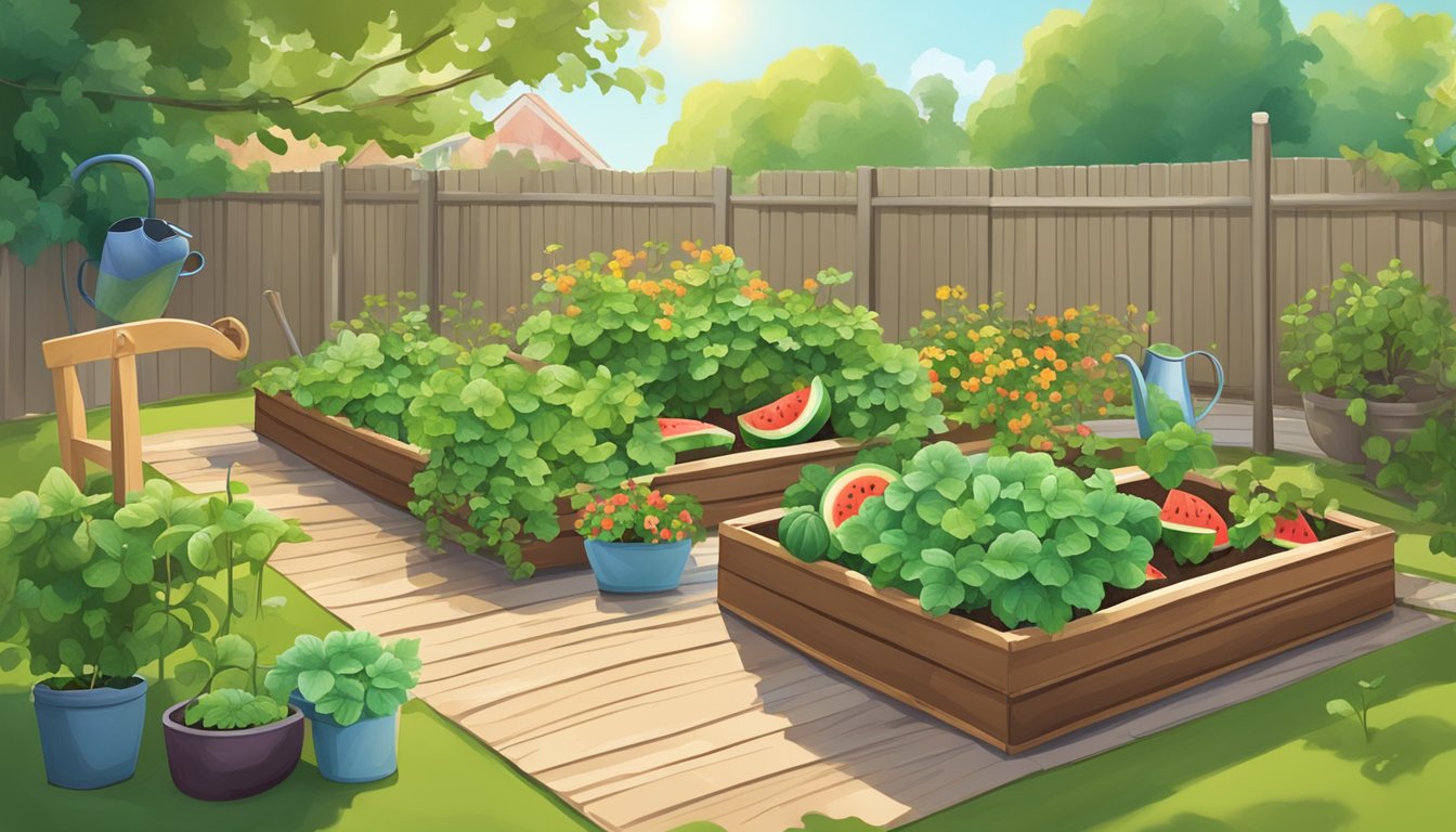 A sunny backyard with a raised garden bed filled with lush, sprawling watermelon vines or cucumber plants. A watering can and gardening tools are nearby