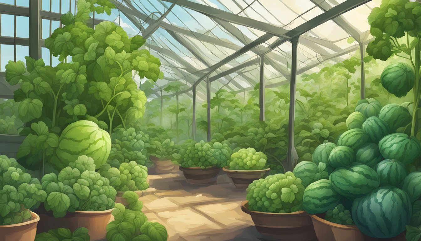 A lush garden with watermelon-like vegetables growing on vines