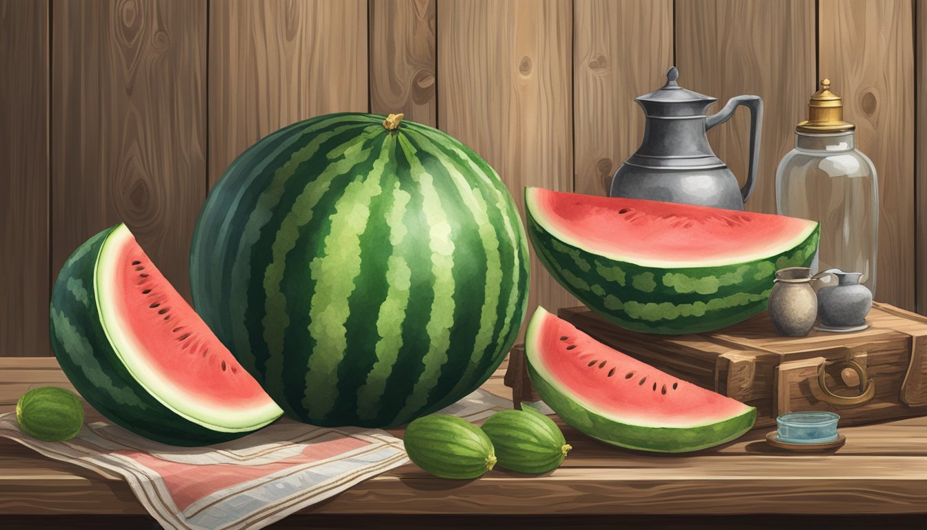 A watermelon and cucumber sit on a rustic wooden table, surrounded by traditional cultural artifacts and historical references