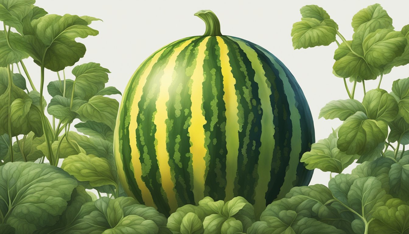 A watermelon-sized vegetable with green and yellow stripes sits on a vine in a lush garden