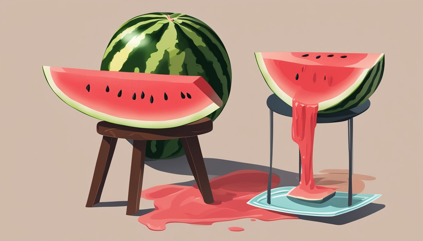 A slice of watermelon with red juice seeping into a pile of brown stool