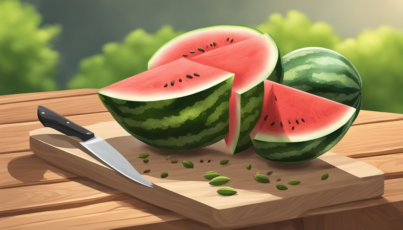 A ripe watermelon sliced on a wooden cutting board, with seeds and juice visible. A knife and serving plate nearby