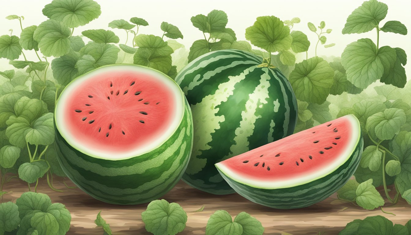 A watermelon and cucumber growing side by side on a vine