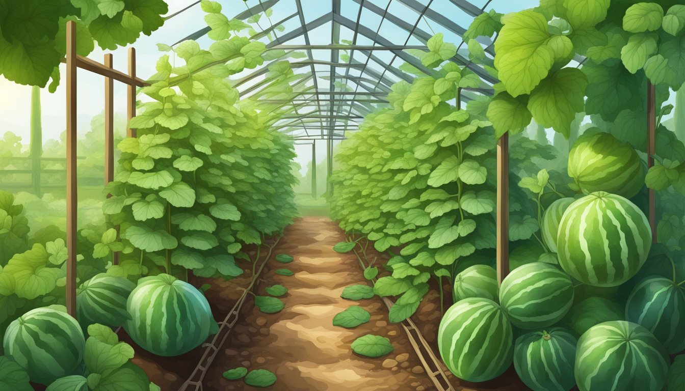 A lush garden with watermelon-like cucumbers growing on trellises, surrounded by rich soil and vibrant green leaves