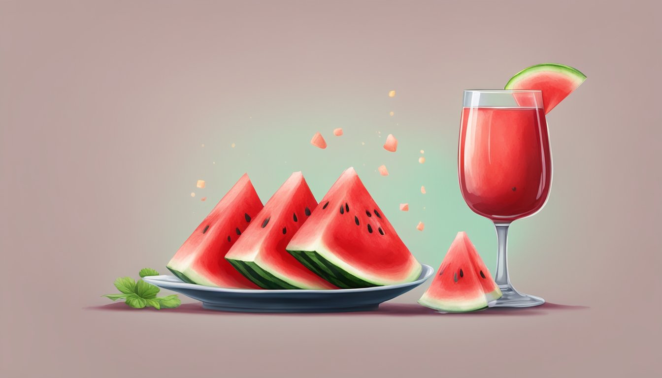 A slice of watermelon with red juice spilling onto a pile of stool