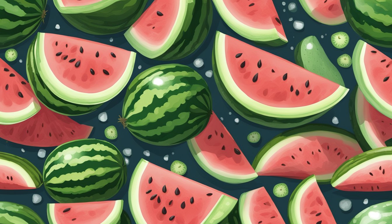 A ripe watermelon and a whole cucumber sit side by side on a wooden cutting board, surrounded by scattered seeds and droplets of water