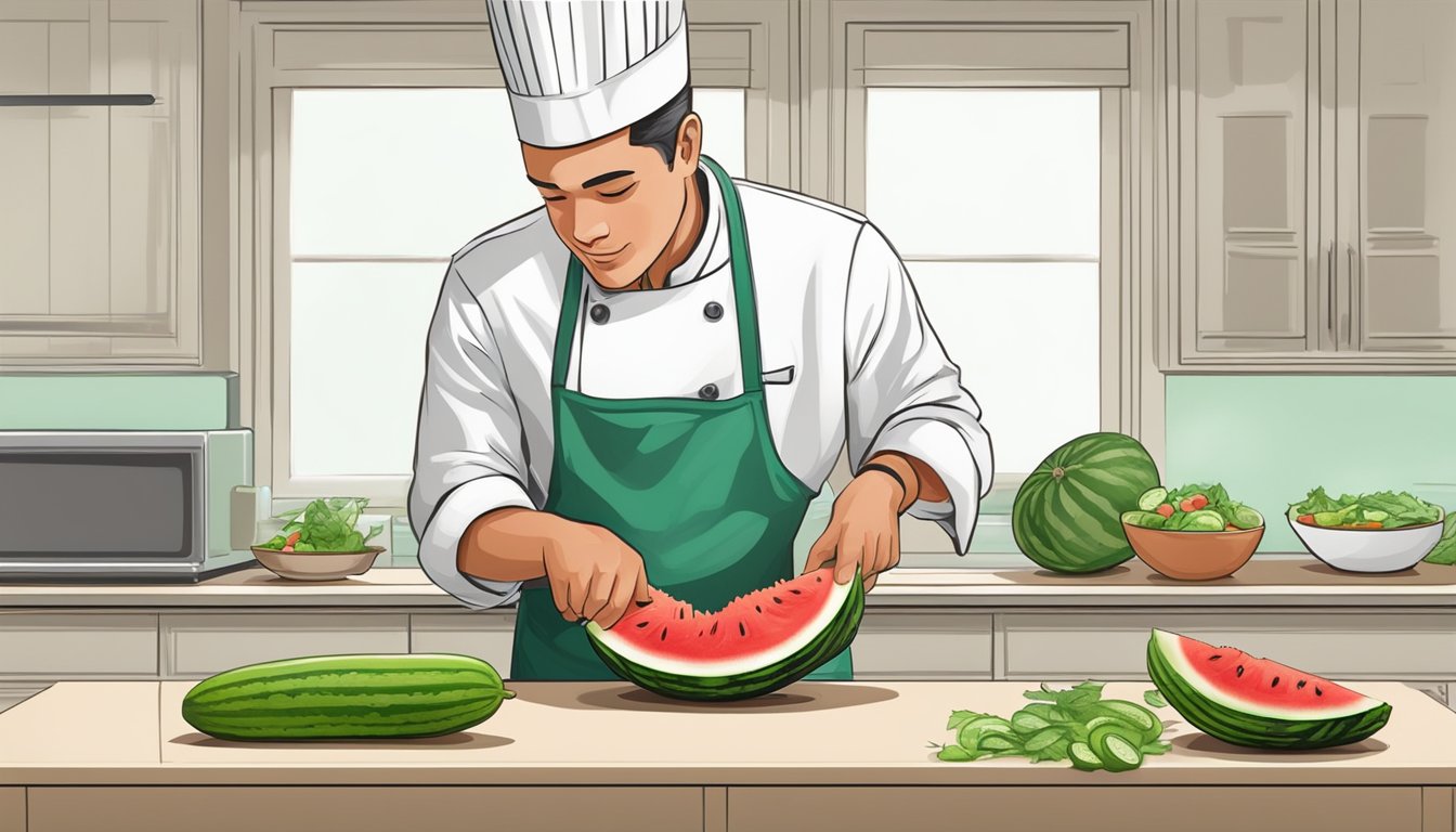 A chef slicing and seasoning a watermelon like a cucumber for a salad