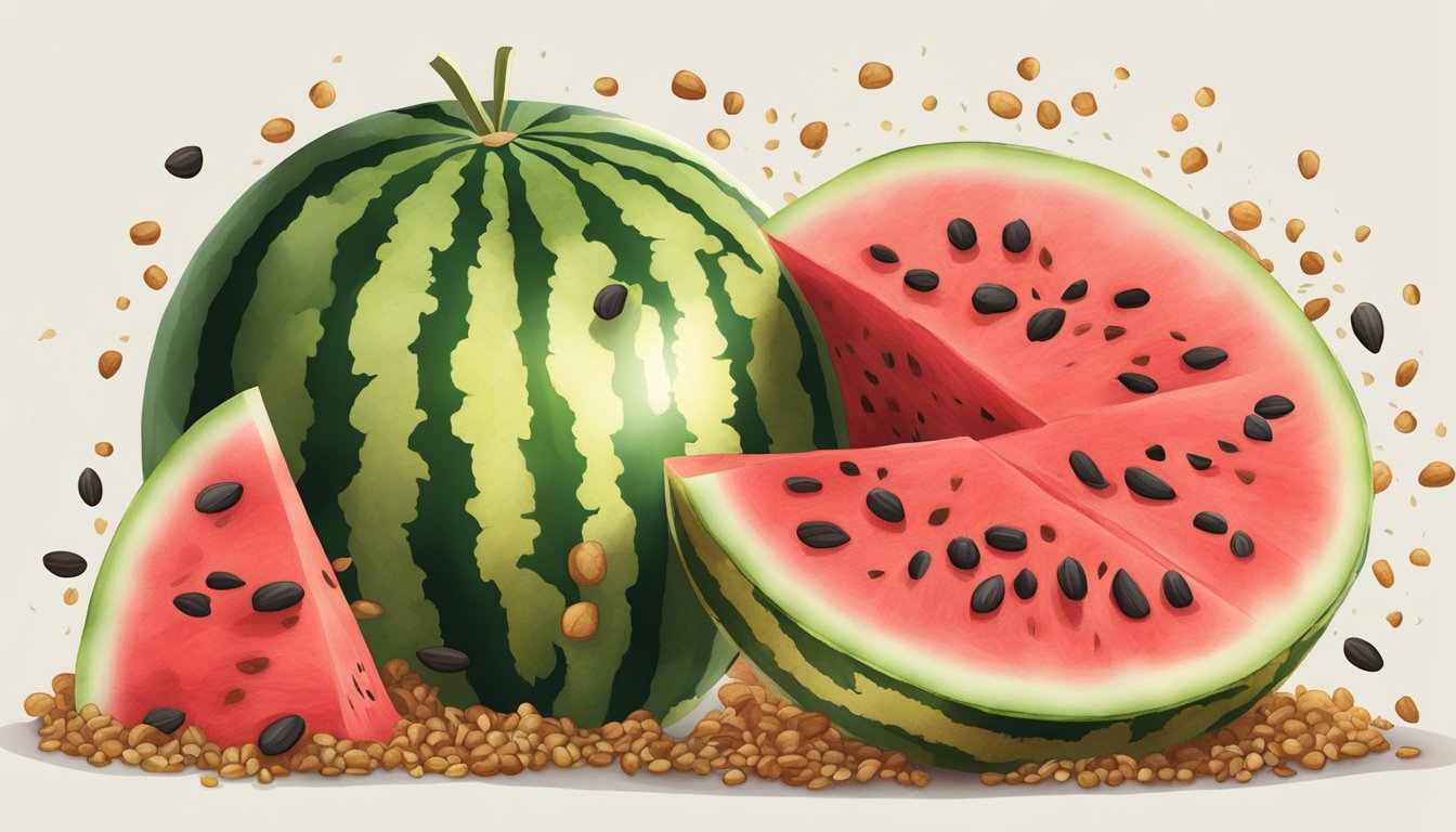 A watermelon split open, revealing red flesh and seeds spilling out onto a pile of feces