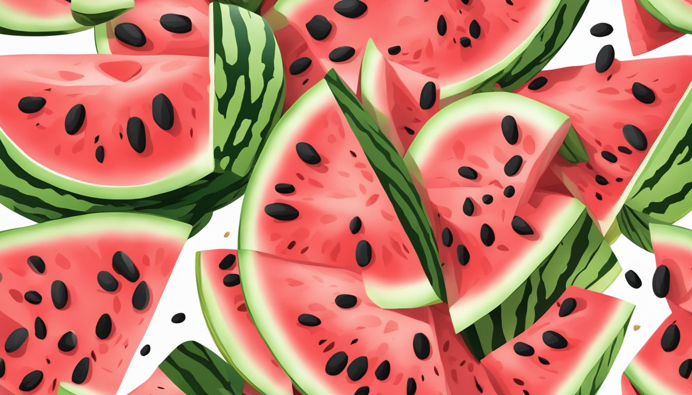 A watermelon sliced open, with red juice and seeds spilling out onto a white surface