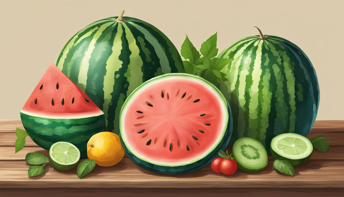 A watermelon and cucumber sitting side by side on a rustic wooden table, surrounded by vibrant tropical fruits and traditional Central American spices