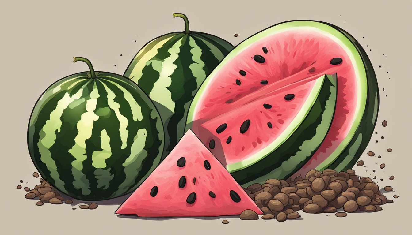 A watermelon and a pile of poop, with some blood mixed in