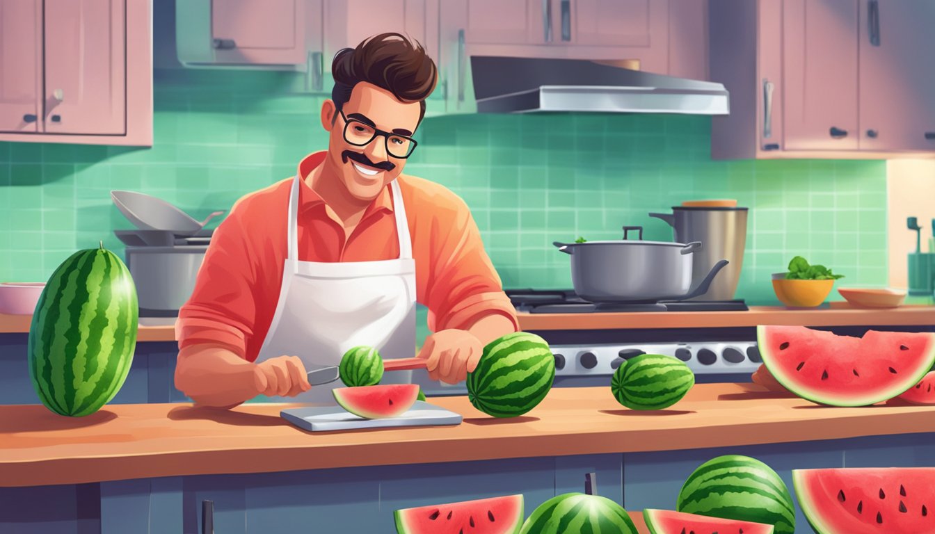 A chef slicing and serving watermelon in a vibrant kitchen